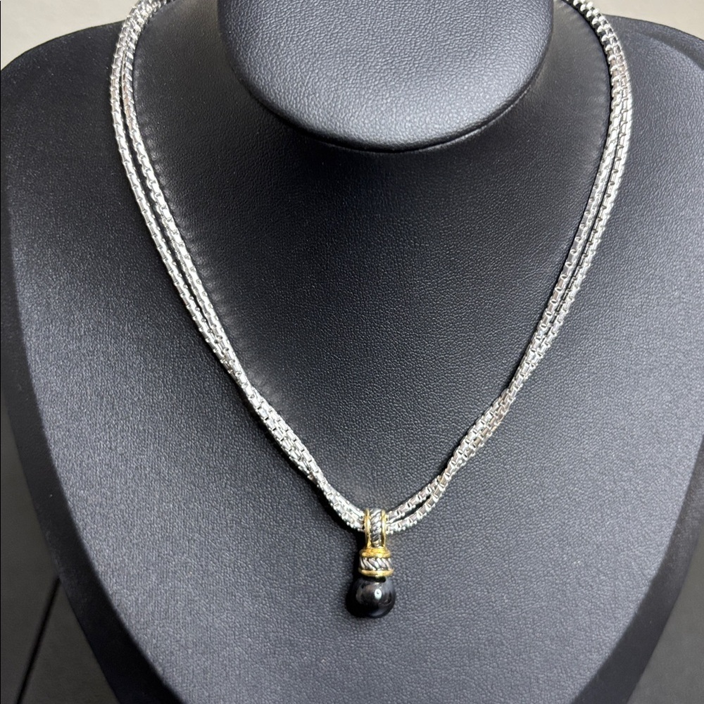 Vintage Art Deco Silver Tone Gold Layered Necklace with Black Pendant